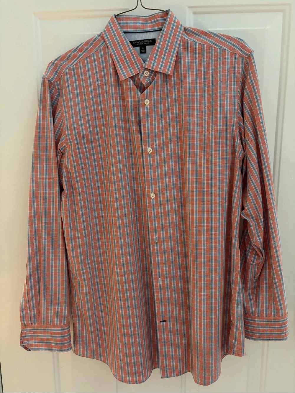 Banana Republic Men’s Rust and Blue Plaid 100% Cotton Dress Shirt